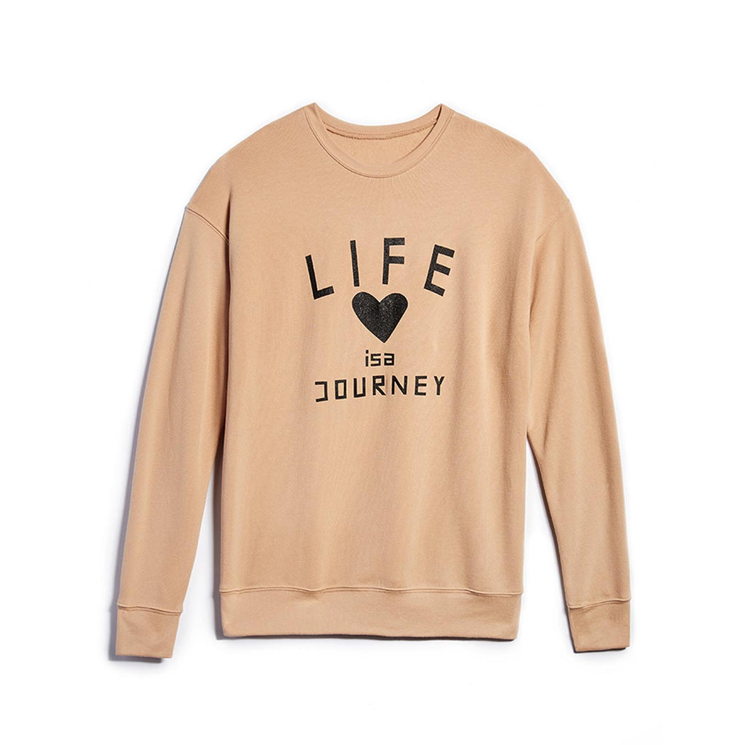 Unisex crew neck sweatshirt in tan color with "Life is a Journey" graphic from Owl N Wood